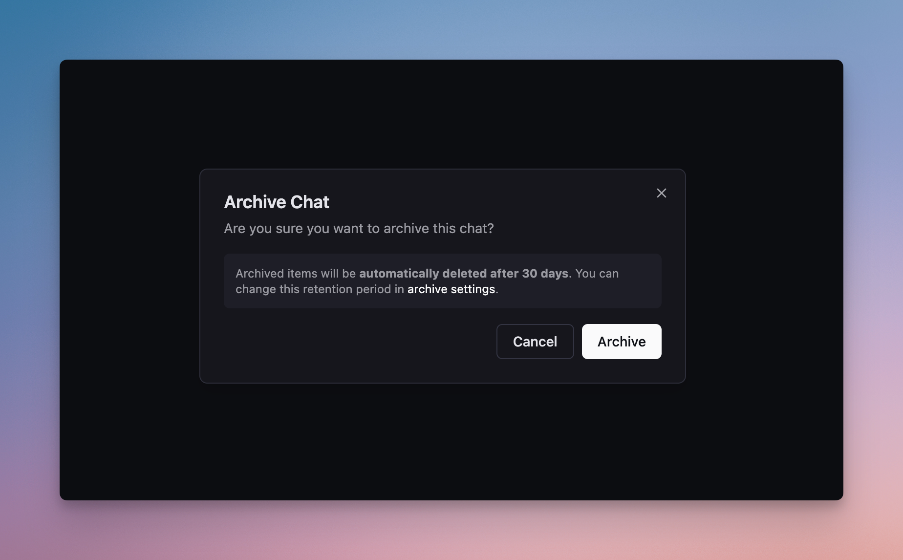 Archive settings configuration interface