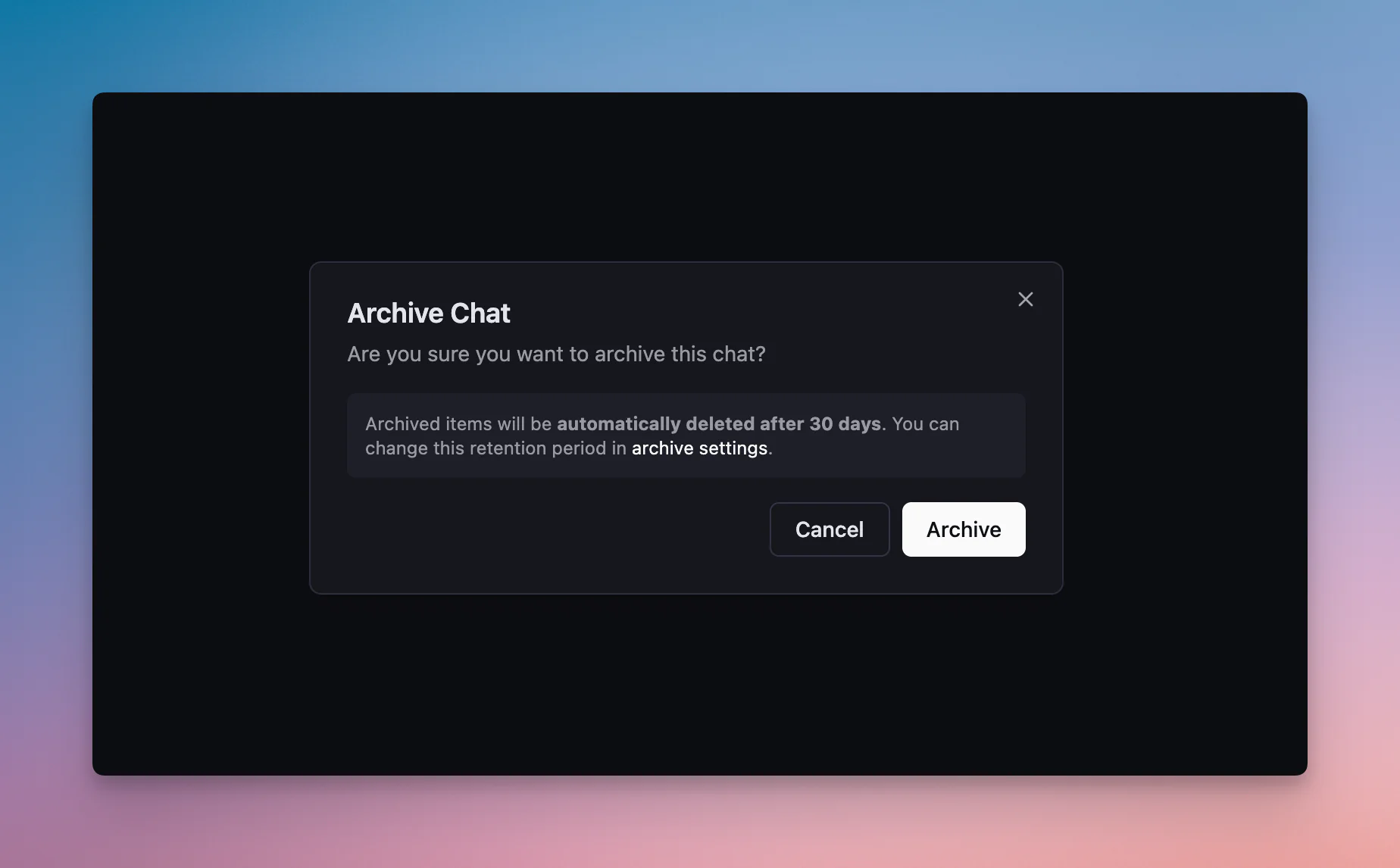Archive settings configuration interface