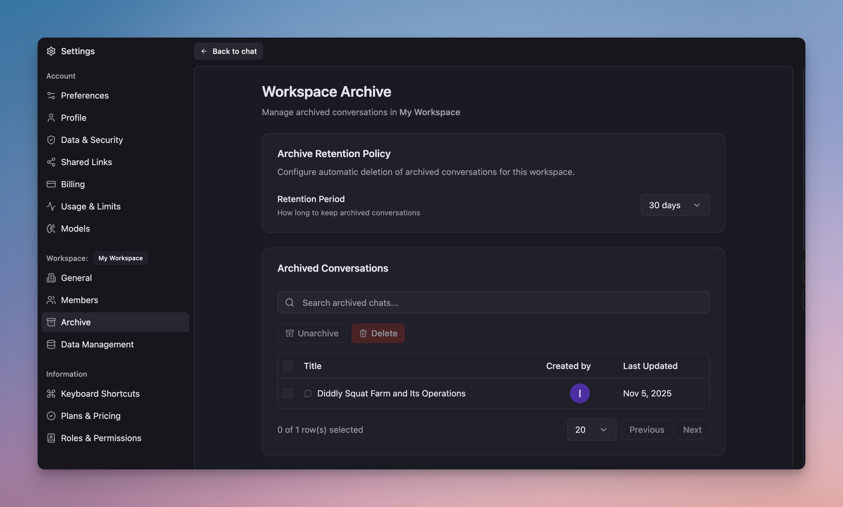 Archive retention policy settings