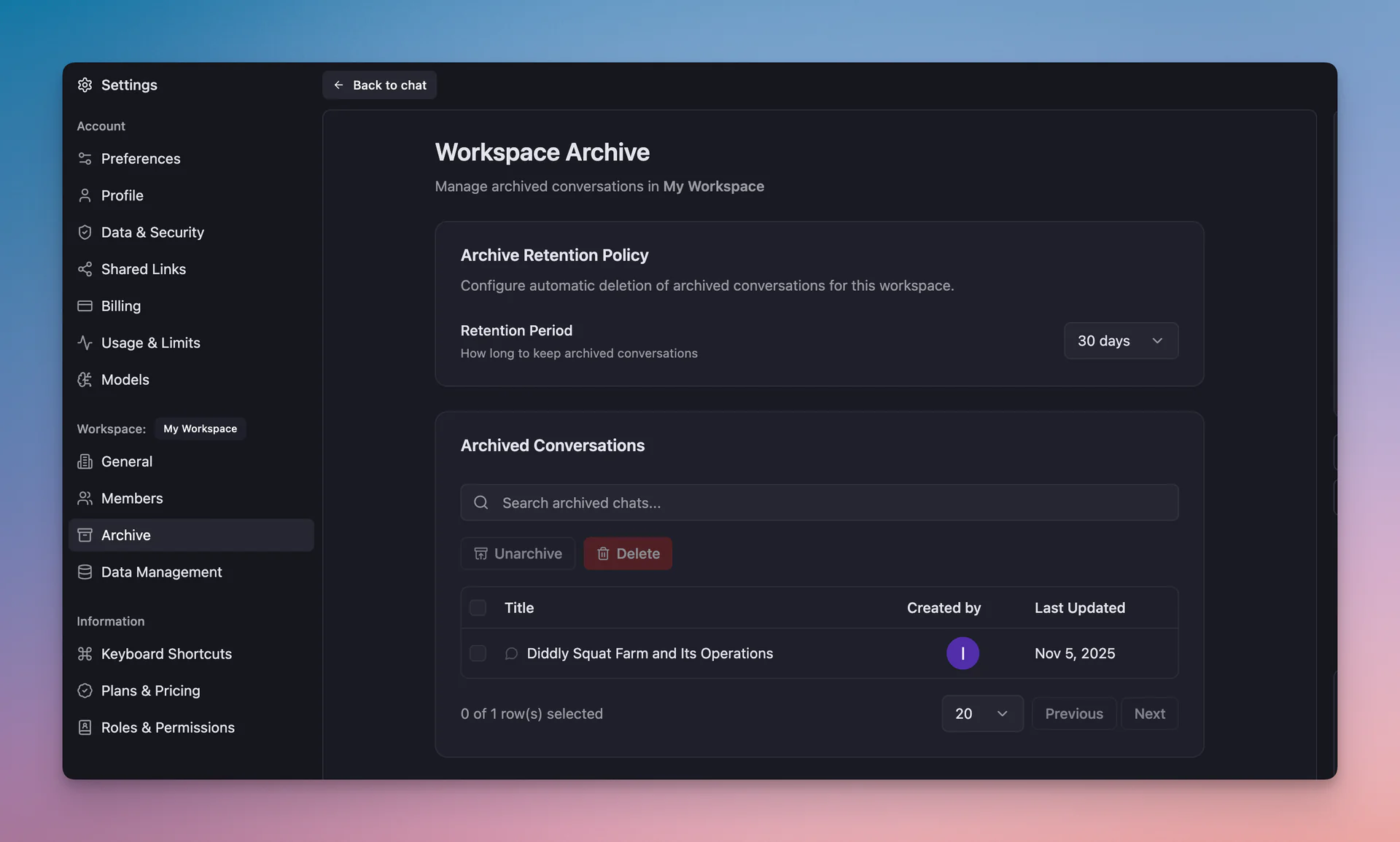 Archive retention policy settings