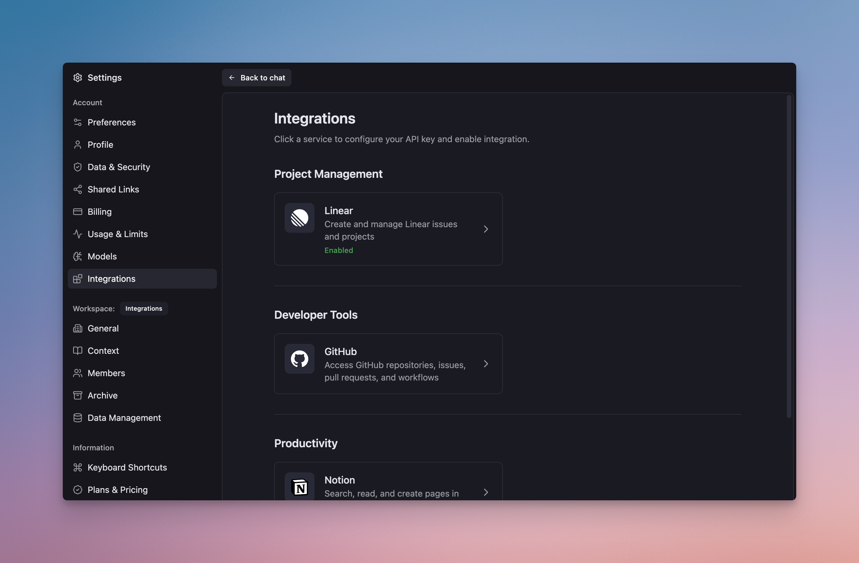 Direct Integrations Settings