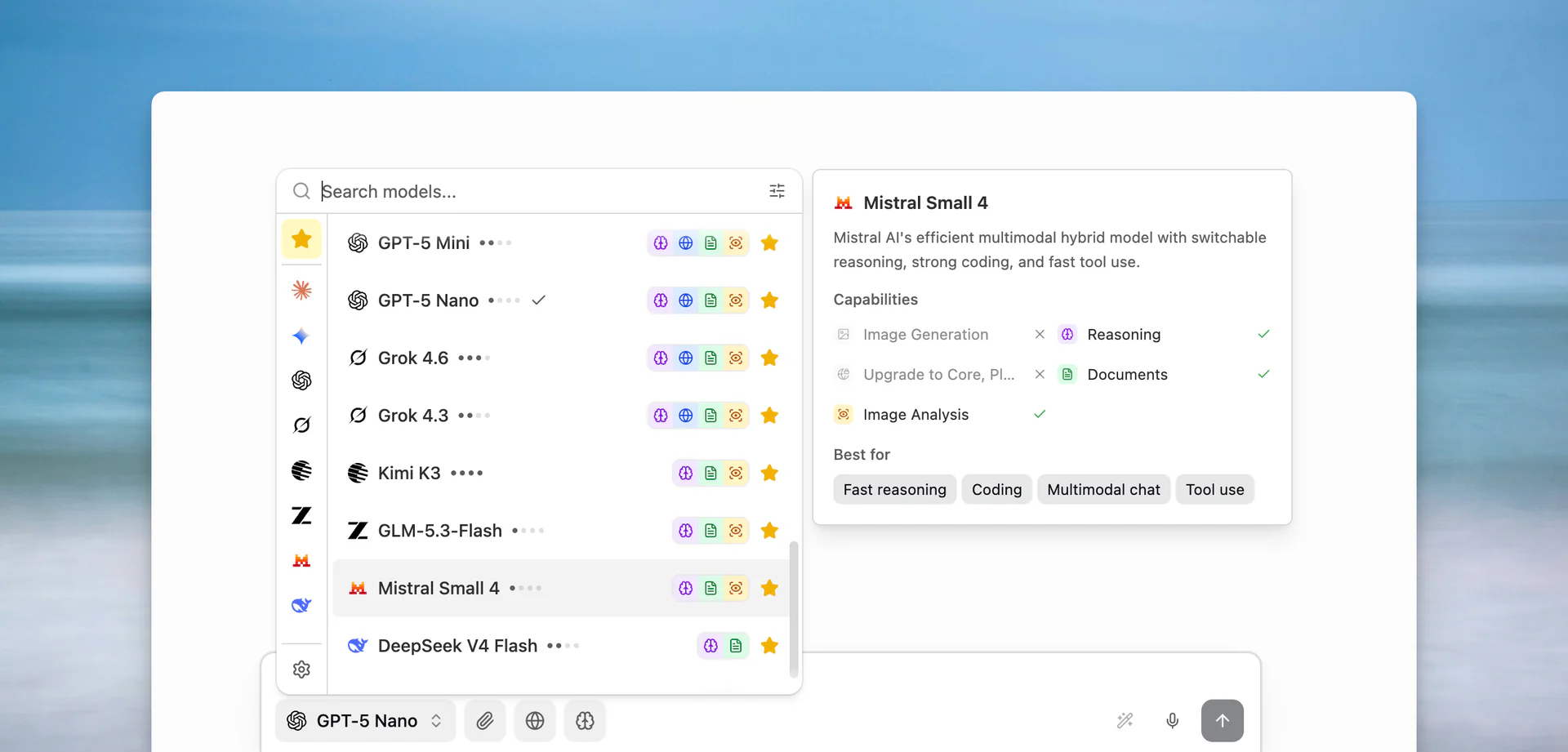 Mantle Chat model picker showing model capabilities and providers