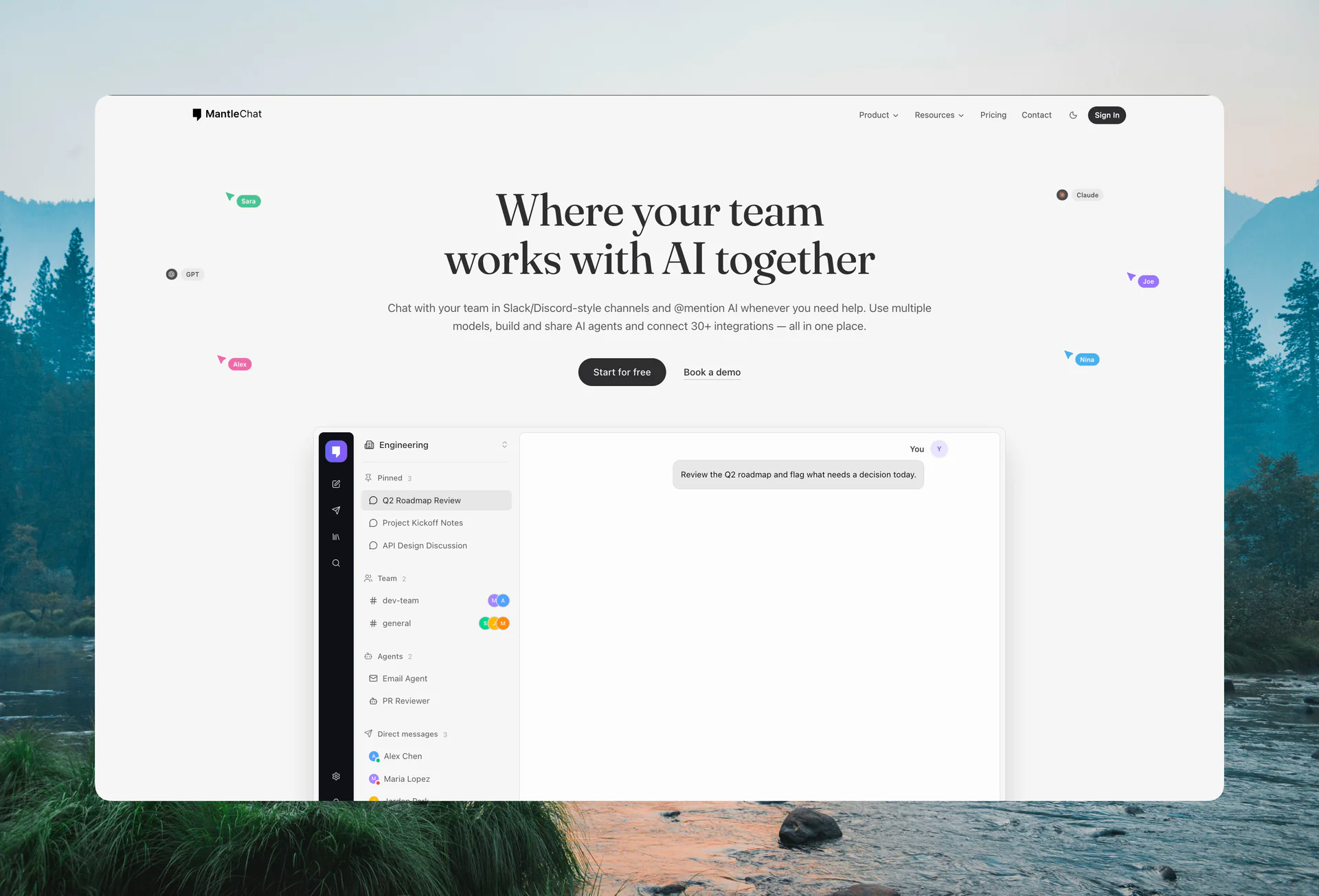 Redesigned Mantle Chat homepage showing team and AI collaboration