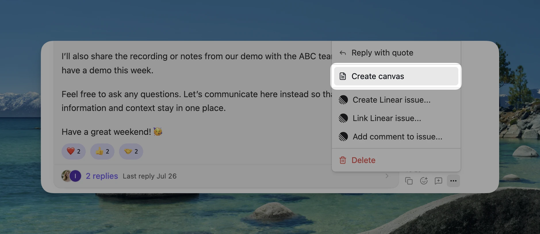 Create Canvas action on a Mantle Chat message