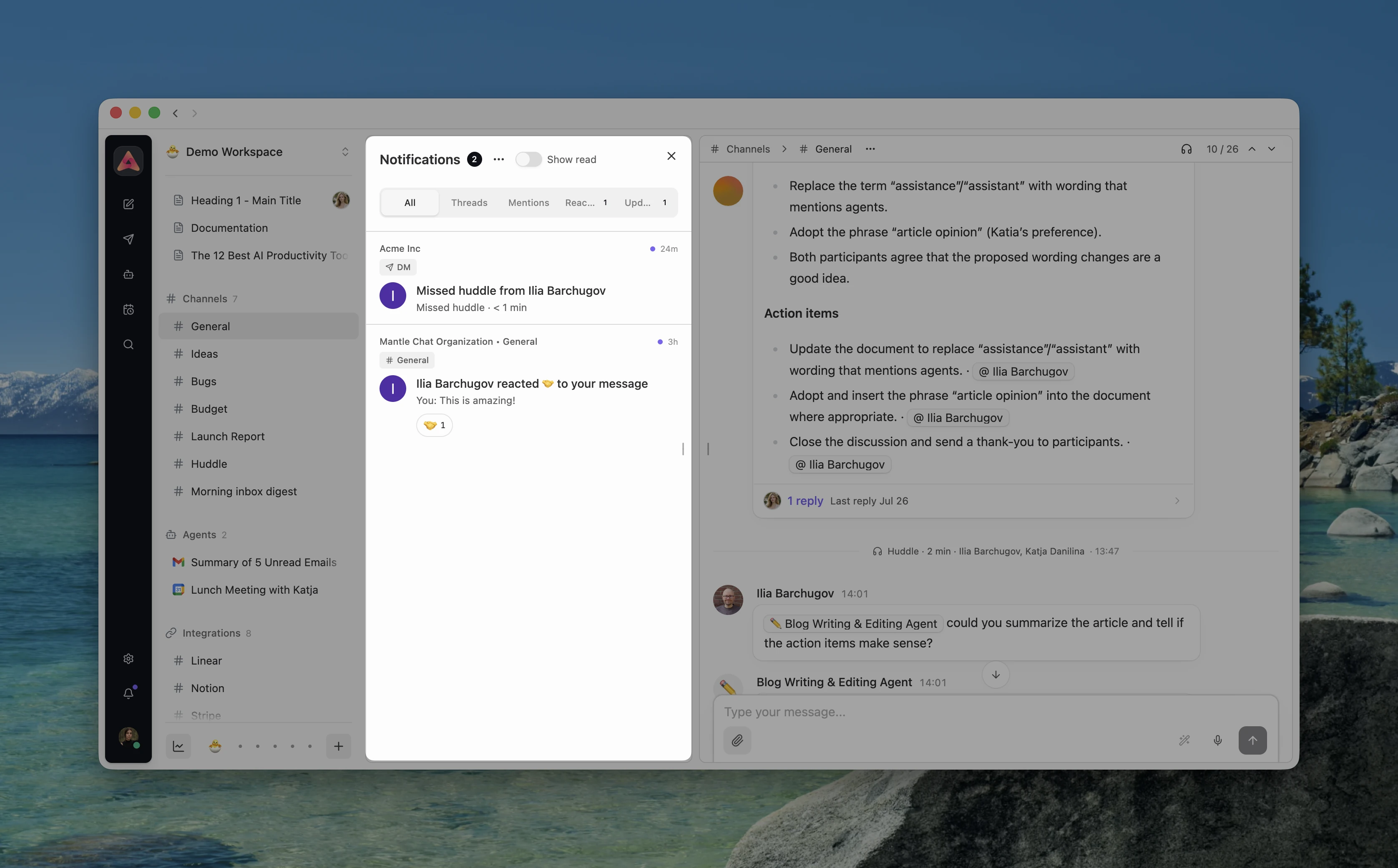 Mantle Chat Notifications inbox with missed calls and reactions