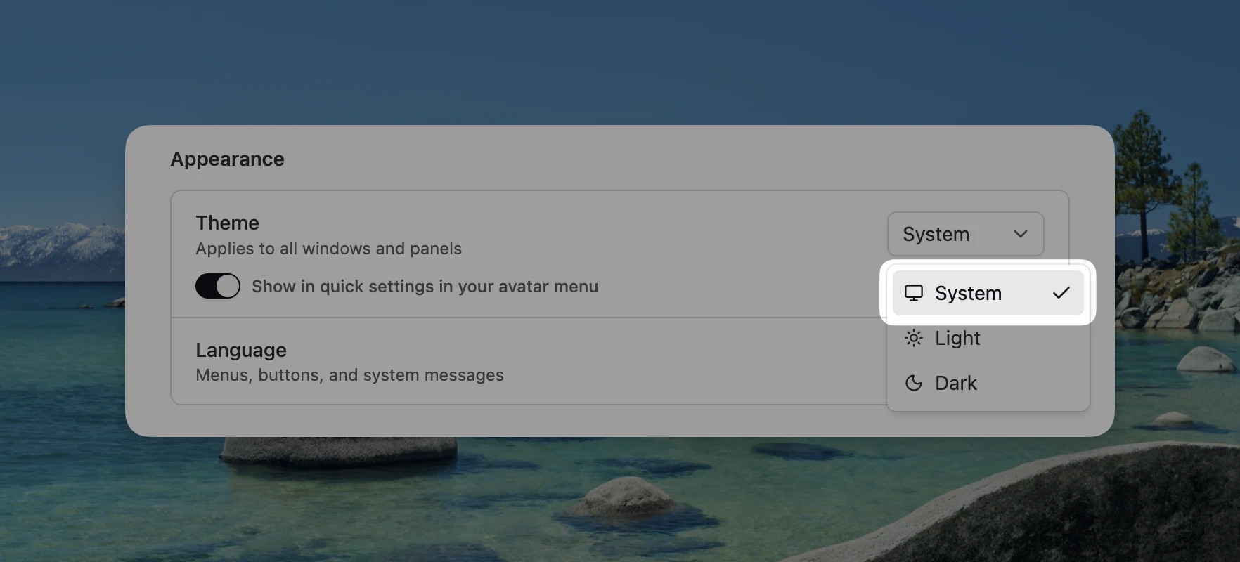 System theme option in Mantle Chat settings