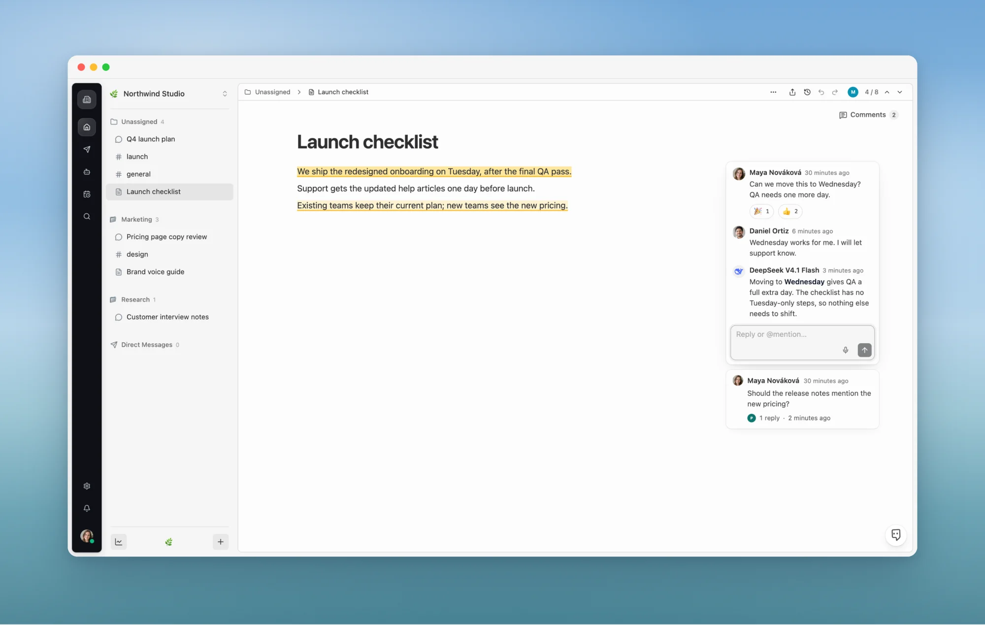 An open Canvas discussion with a teammate's reply and a reply from DeepSeek V4.1 Flash