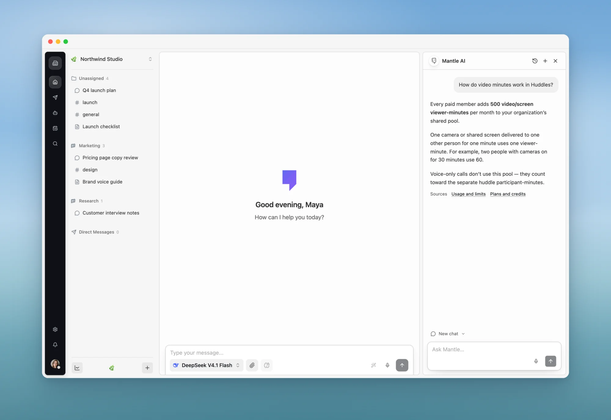 Mantle AI answering a question about Huddle video minutes, with links to two Mantle guides