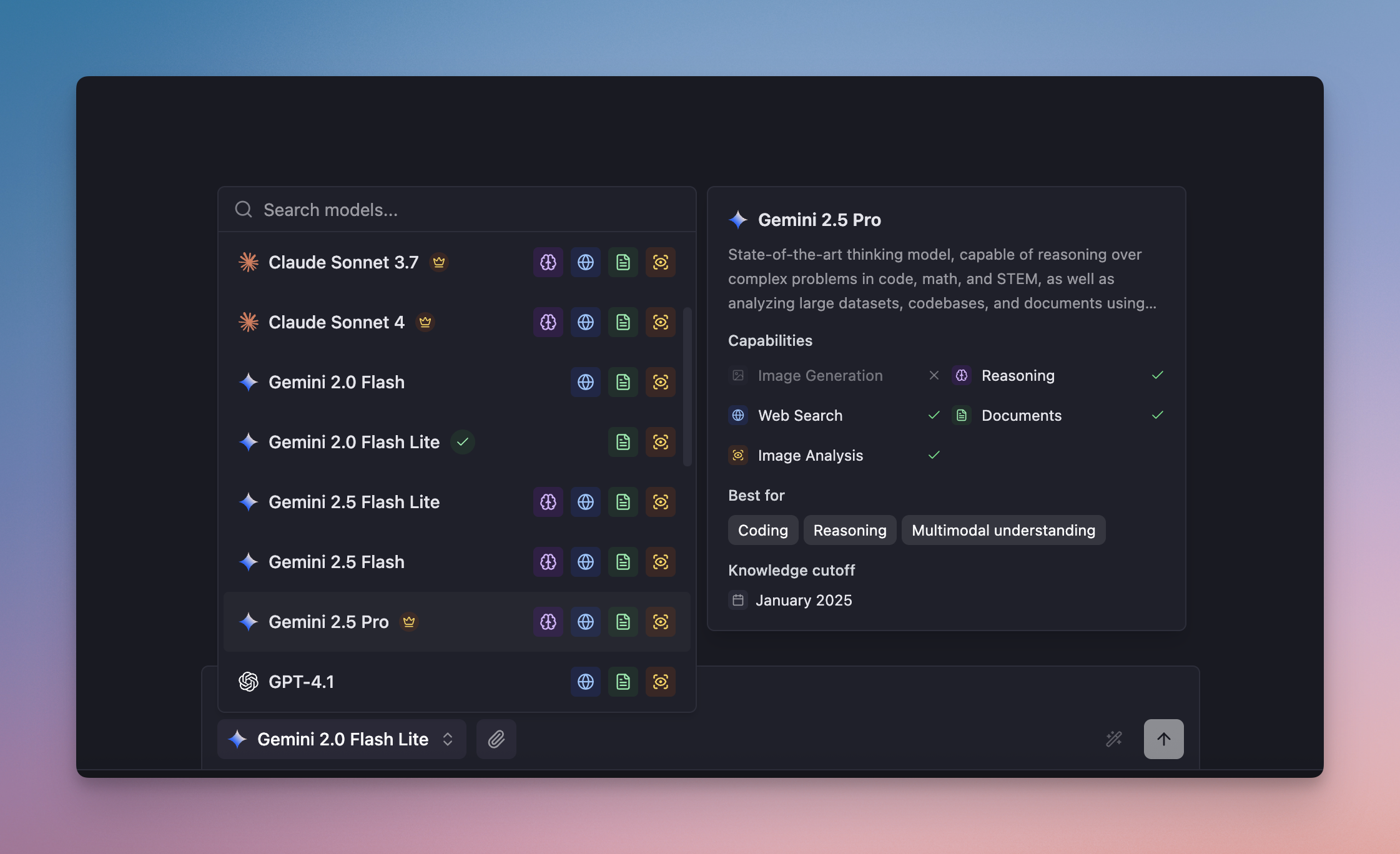 Model selector interface showing ChatGPT, Claude, and Gemini options