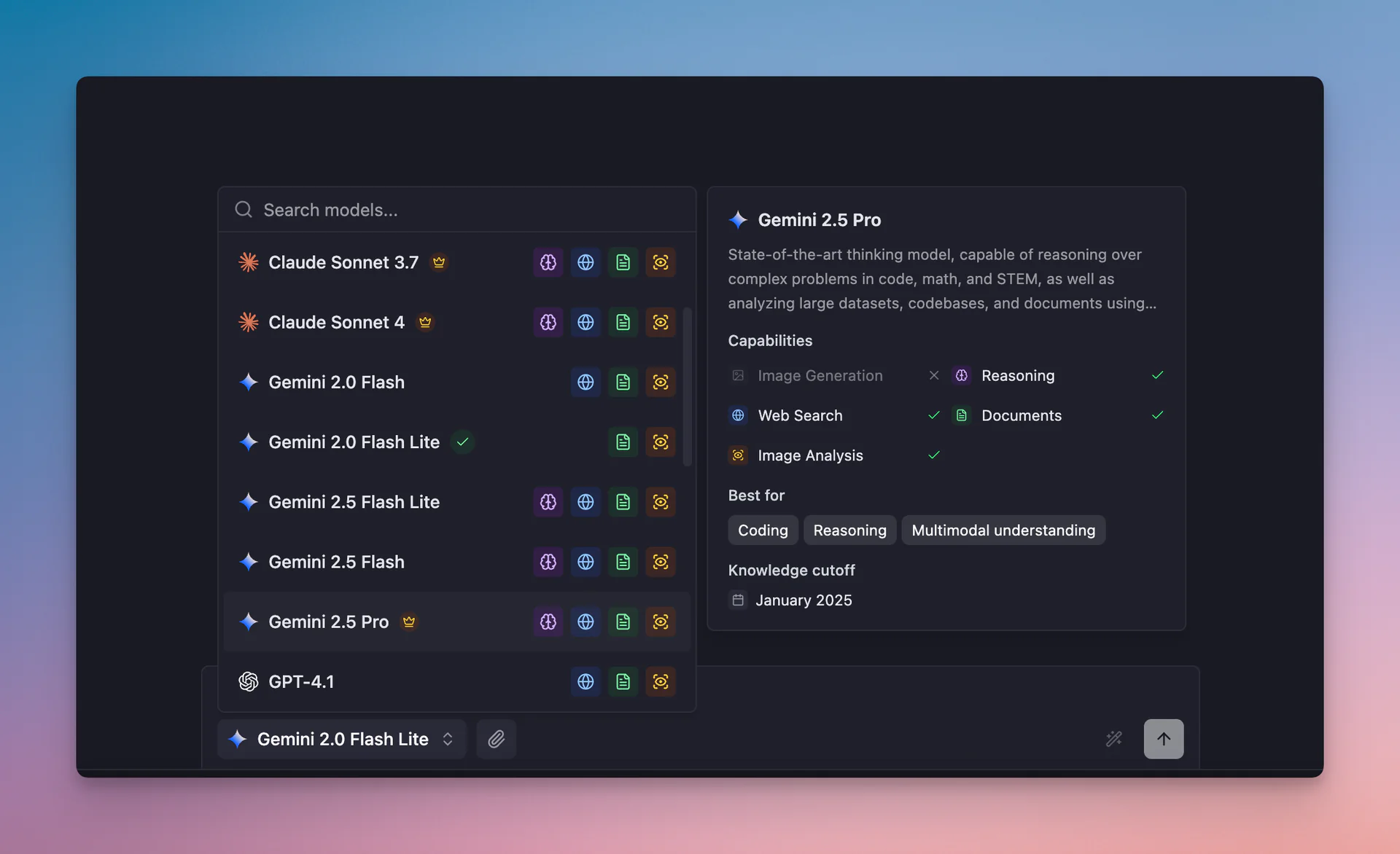 Model selector interface showing ChatGPT, Claude, and Gemini options