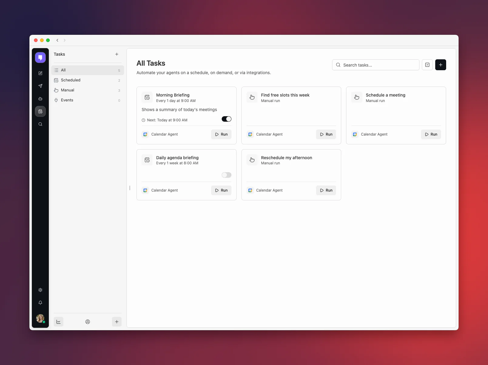 Simplified Tasks page in Mantle Chat Desktop