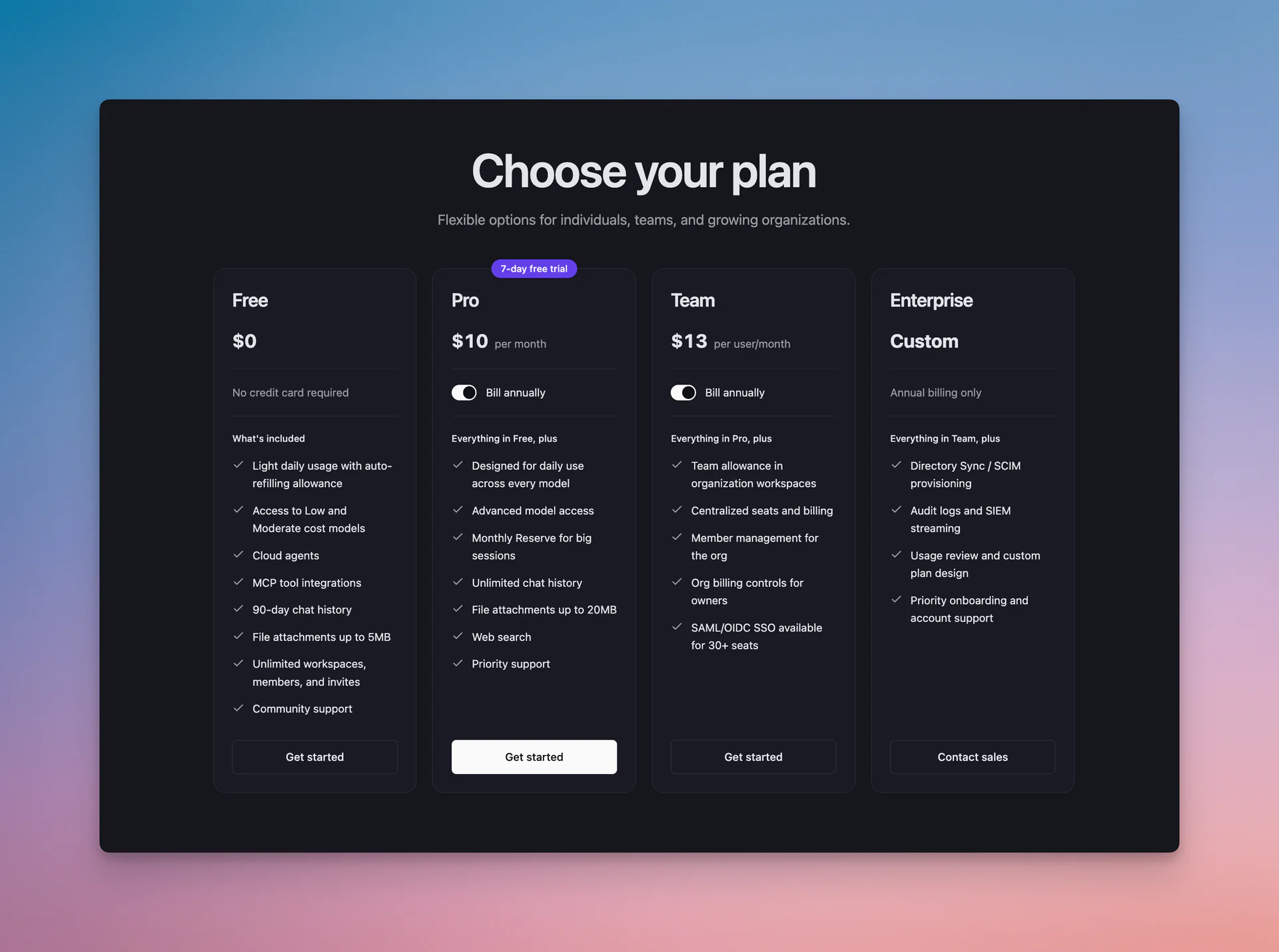 Mantle Chat's unified pricing page