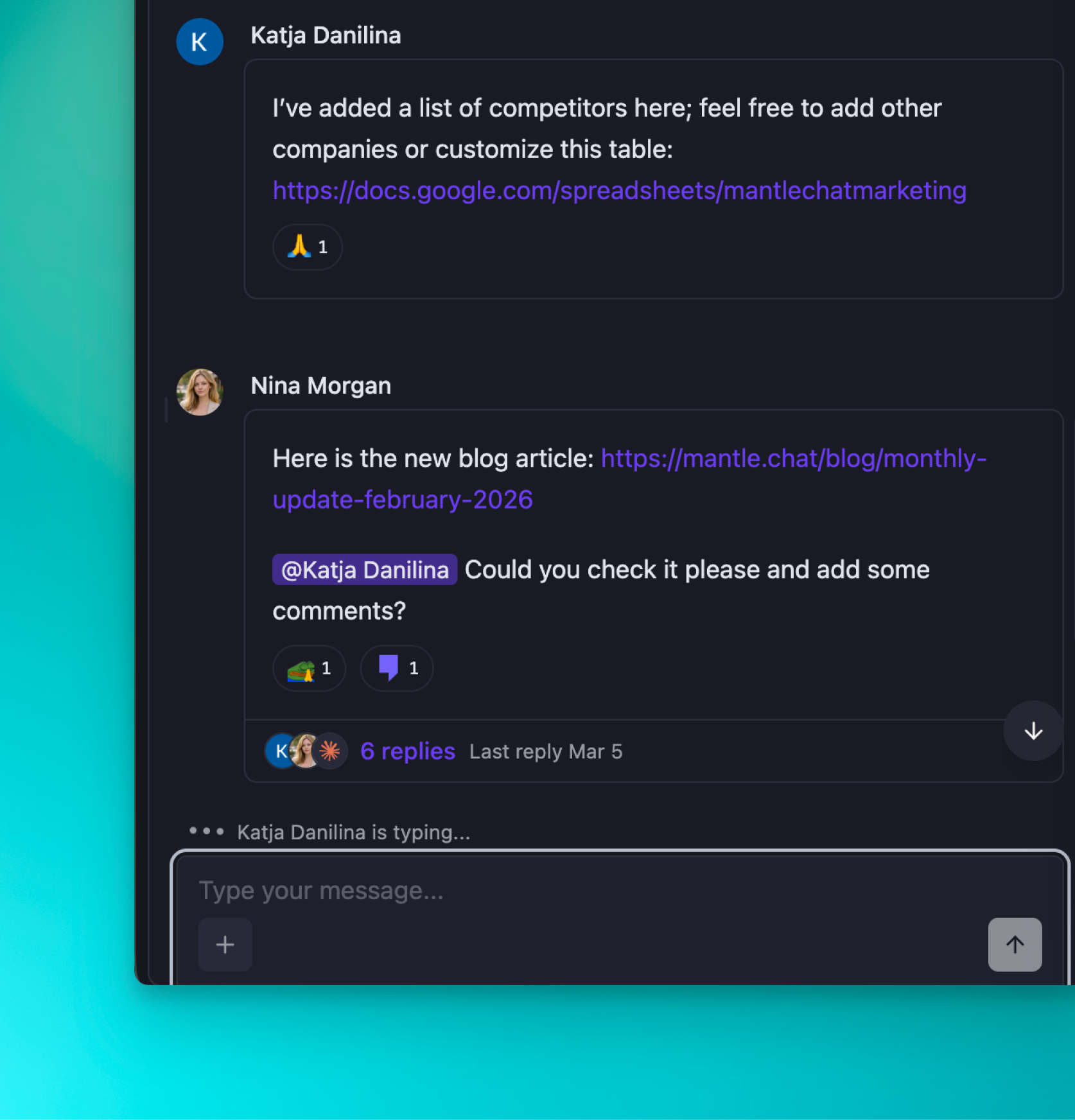 Mantle Chat channel with team members collaborating and AI responses